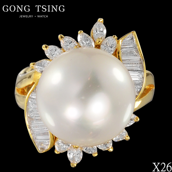 天然珍珠鑽戒  黃K金珍珠鑽石戒指 13.5MM