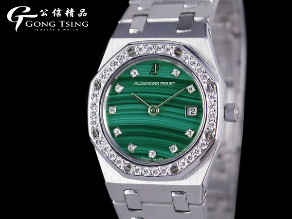 愛彼女錶    AP AUDEMARS PIGUET 皇家橡樹 Royal Oak D6568 石英機芯 25mm 原廠白K金 孔雀石十鑽面盤 原廠鑽圈