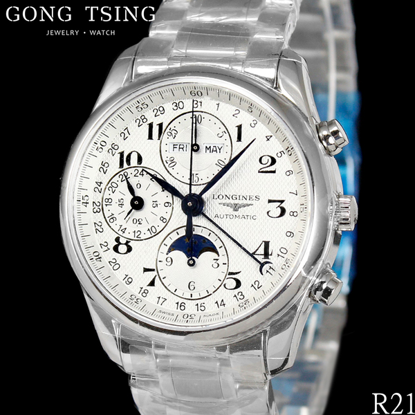 浪琴男錶     LONGINES 巨擘系列 L26734786 全日曆月相計時碼錶 全新未使用 