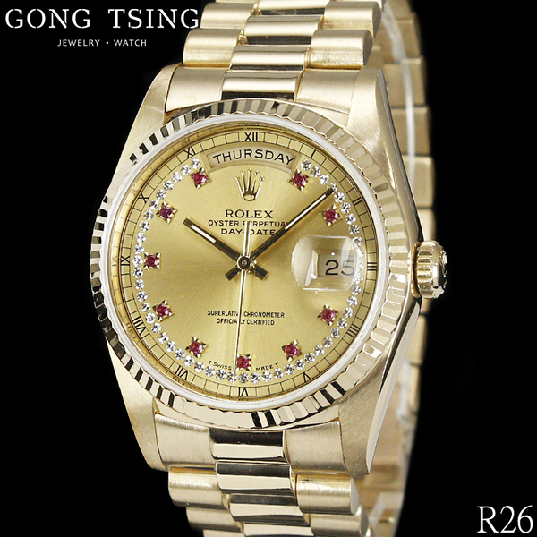 勞力士男錶     ROLEX 18238 原廠黃K金 原廠小紅寶多層鑽面盤 紅蟳 3155自動上鍊機芯