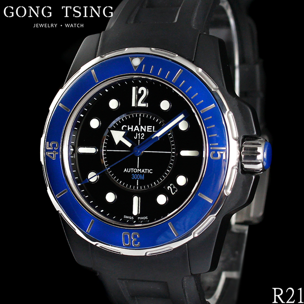 香奈兒錶    CHANEL J12系列 H2559 單向旋轉藍色陶瓷錶圈 黑色面盤 原廠橡膠錶帶