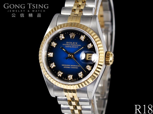 勞力士女錶   (ROLEX) 69173 半金女錶 原廠漸層藍色十鑽面盤面盤 半金錶帶